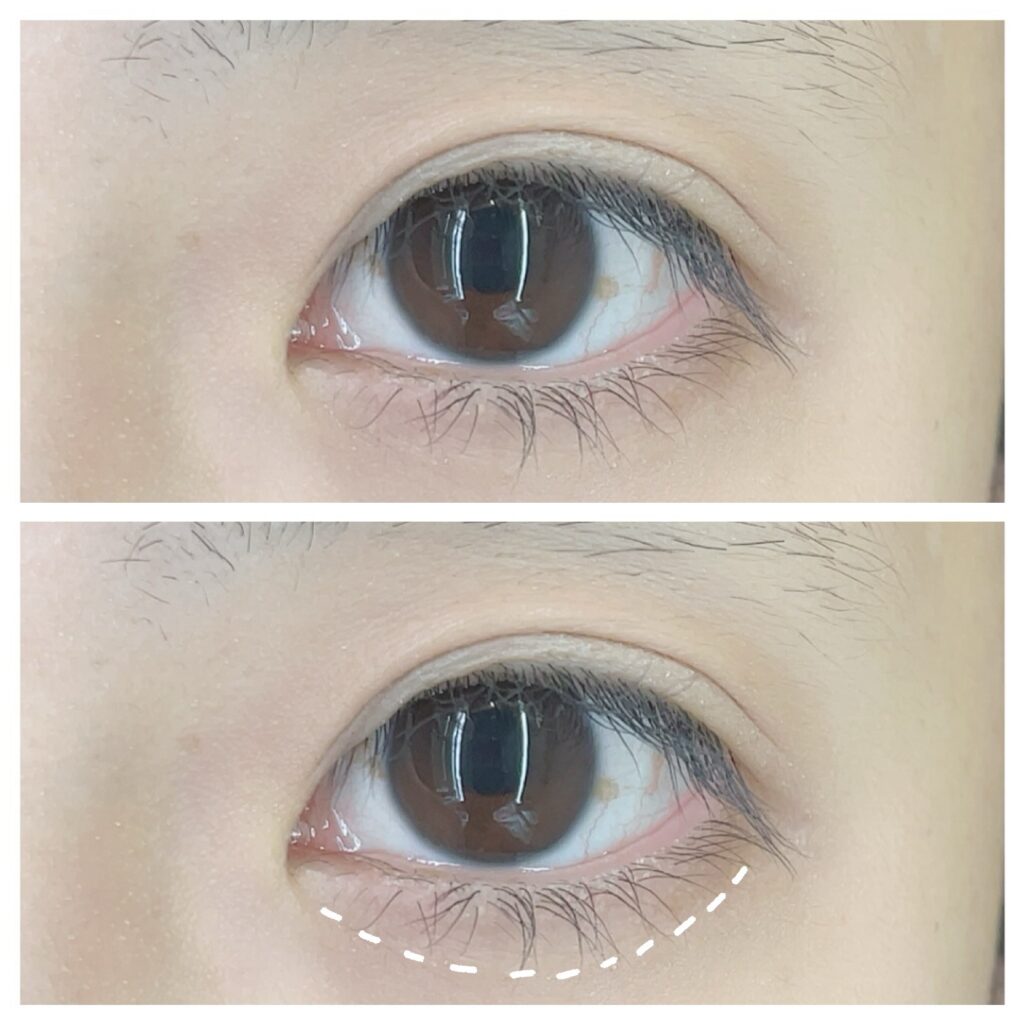 下まぶた全体にベースカラー①を広げた状態。面長解消メイク手順。