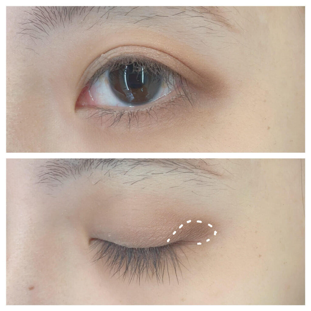 目尻キワに締め色⑥を入れた状態。面長解消メイク手順。