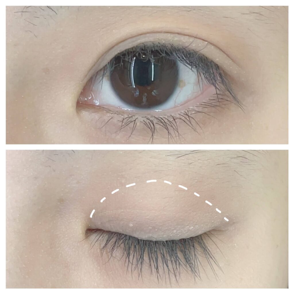 アイホール全体にベースカラー①を広げた状態。面長解消メイク手順。