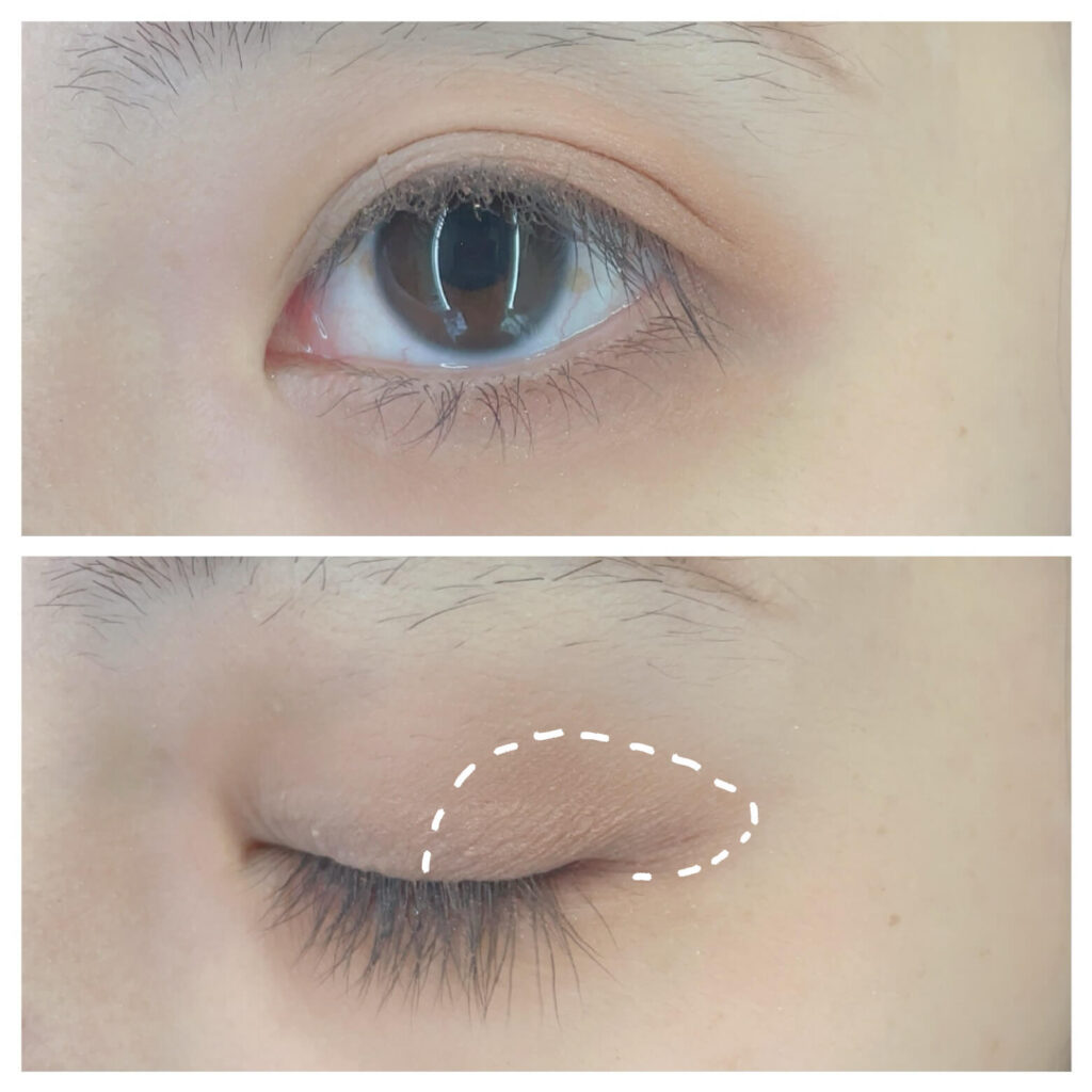 黒目上～外側にアクセントカラー③を広げた状態。面長解消メイク手順。