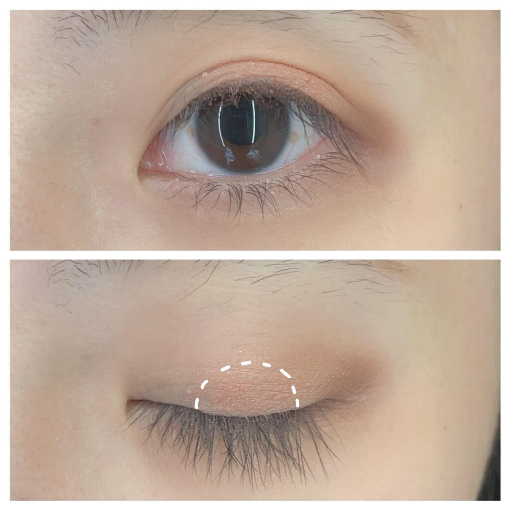 黒目上に締め色⑤を広げた状態。面長解消メイク手順。