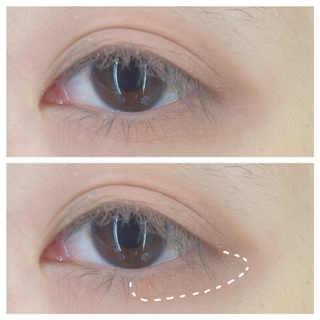 黒目下～外側にアクセントカラー②を広げた状態。面長解消メイク手順。