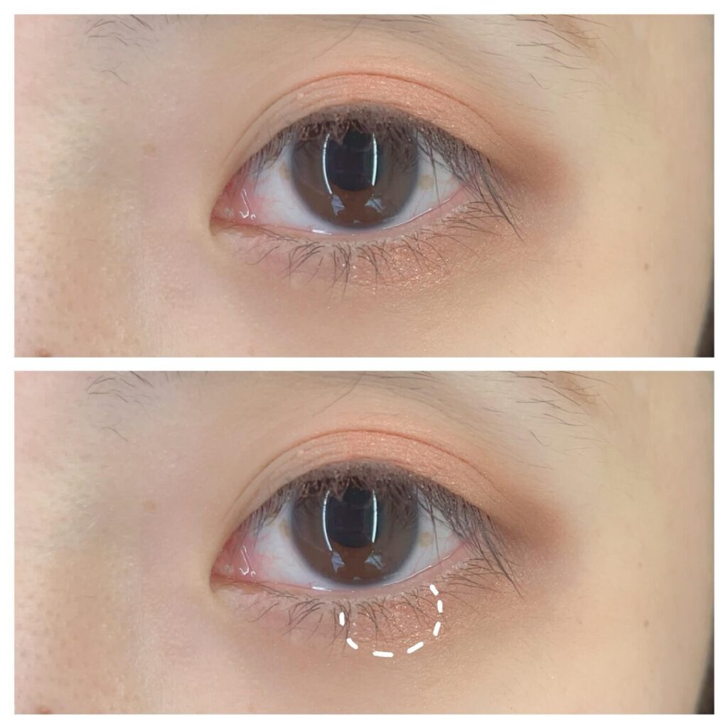 黒目下に④のラメをポイント置きする。面長解消メイク手順。