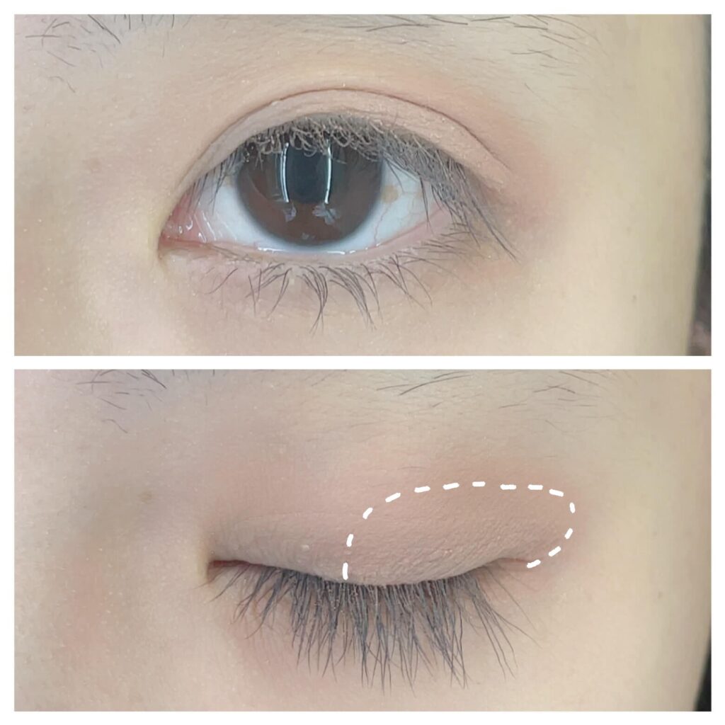 黒目上～外側にアクセントカラー②を広げた状態。面長解消メイク手順。