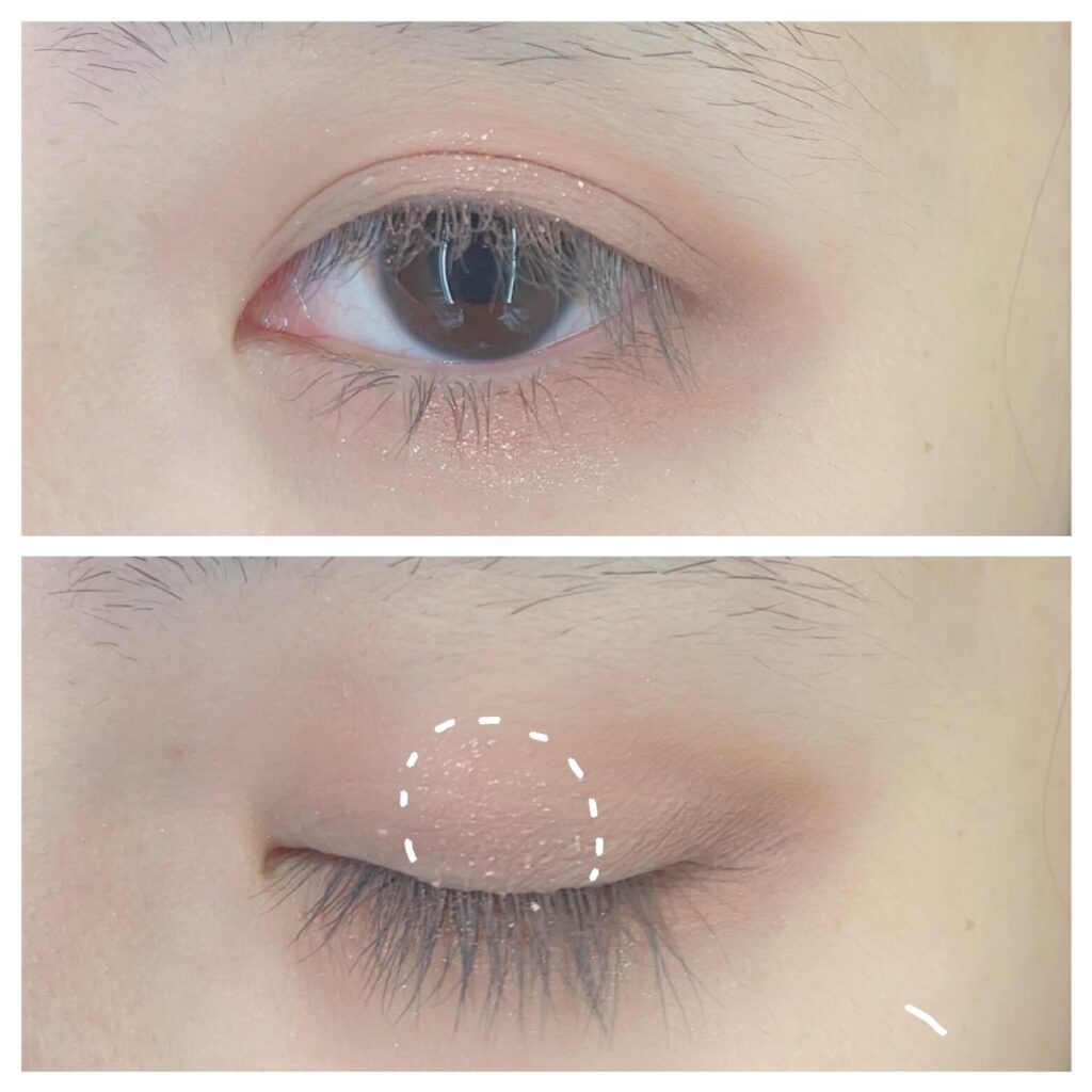 黒目上にラメ④を広げた状態。面長解消メイク手順。