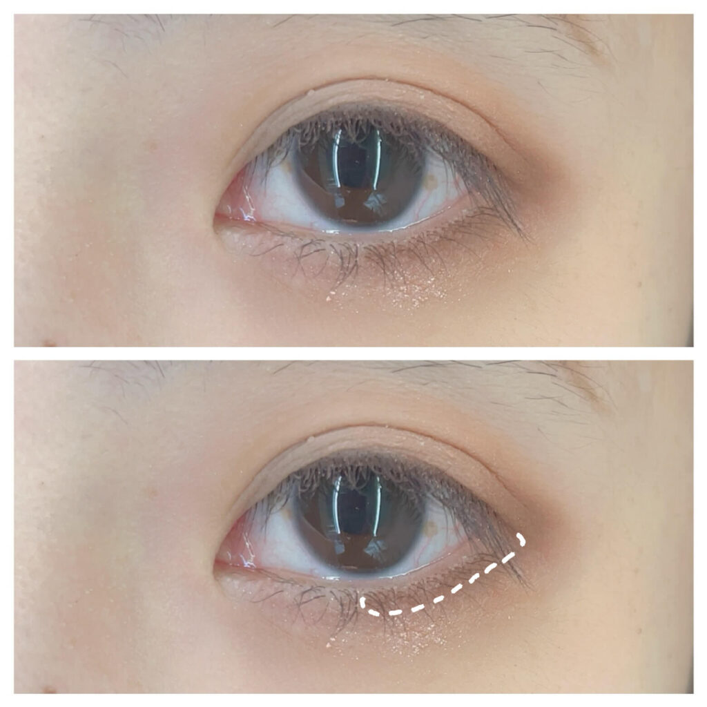 黒目下～外側に⑥をキワに入れる。面長解消メイク手順。