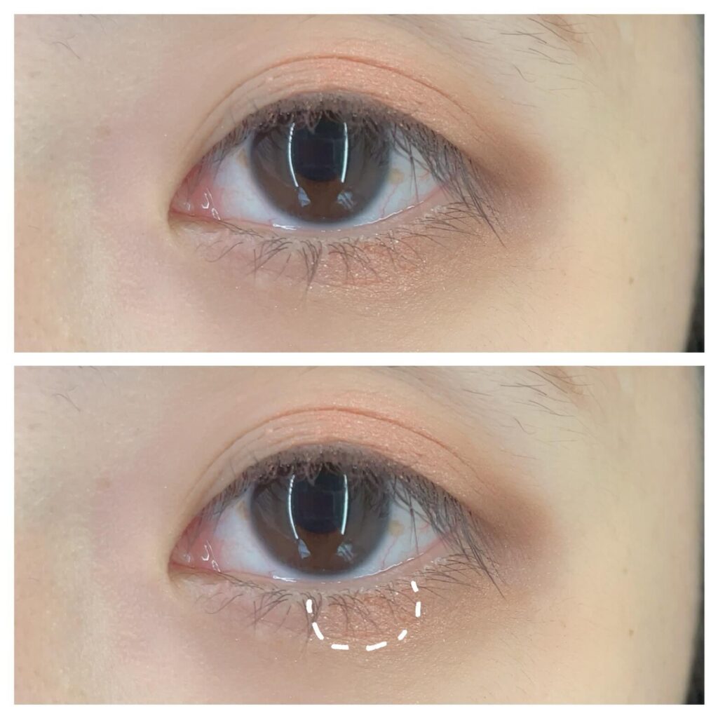 黒目下に⑤のラメをポイント置きする。面長解消メイク手順。