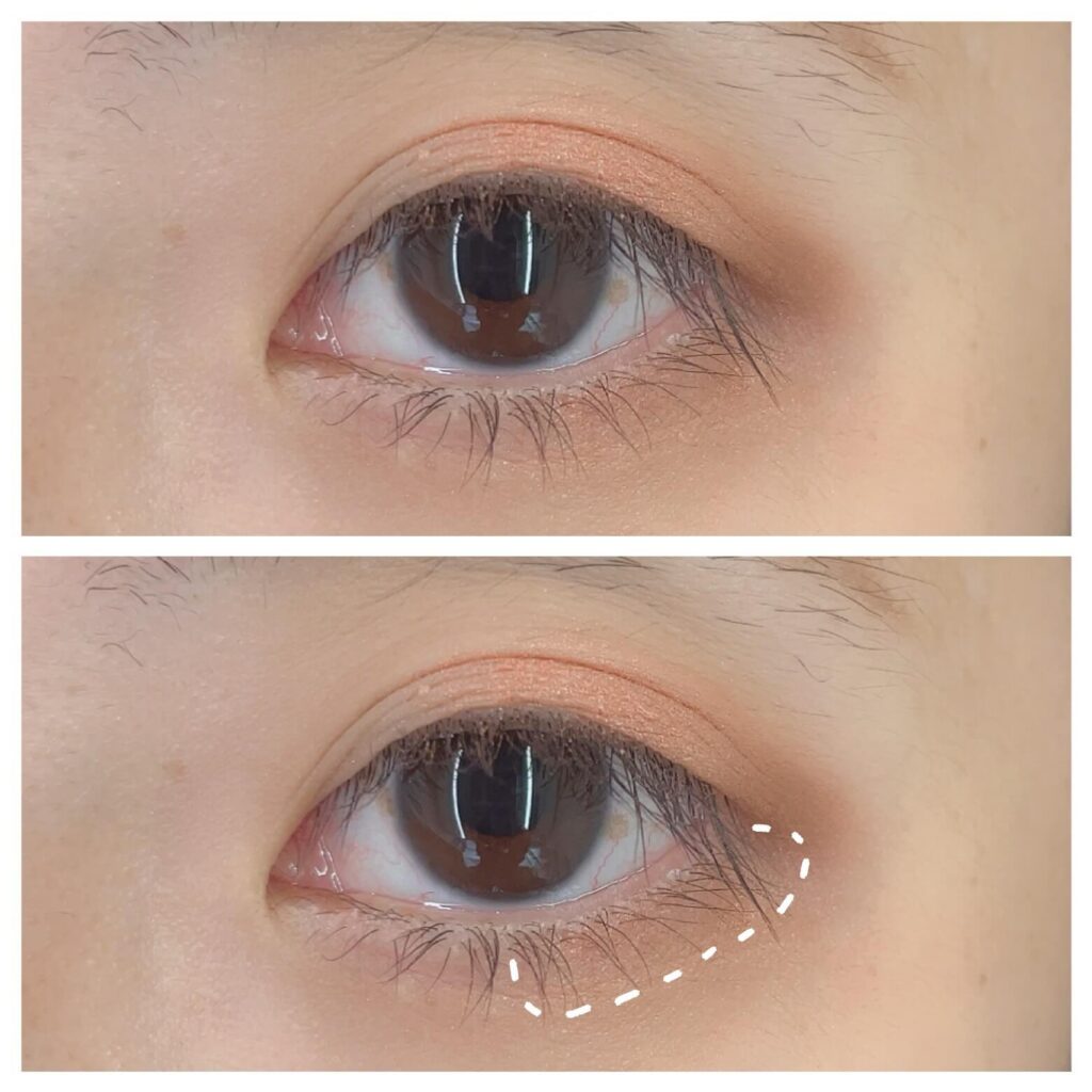 黒目下～外側に③に色を入れる。面長解消メイク手順。