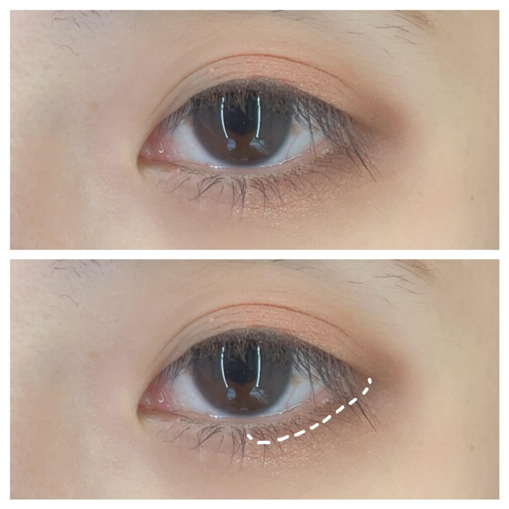 黒目下～外側に⑥を色を入れる。面長解消メイク手順。