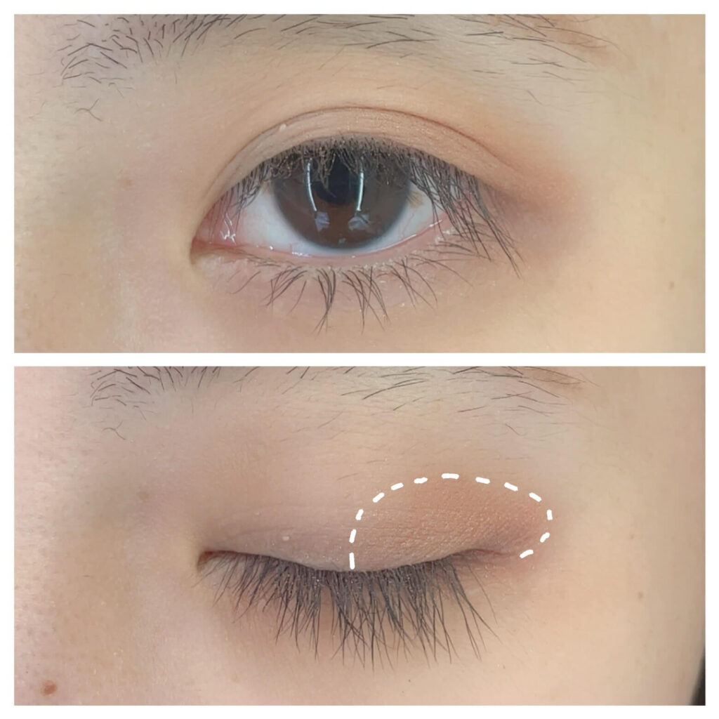 黒目上～外側にアクセントカラー③を広げた状態。面長解消メイク手順。