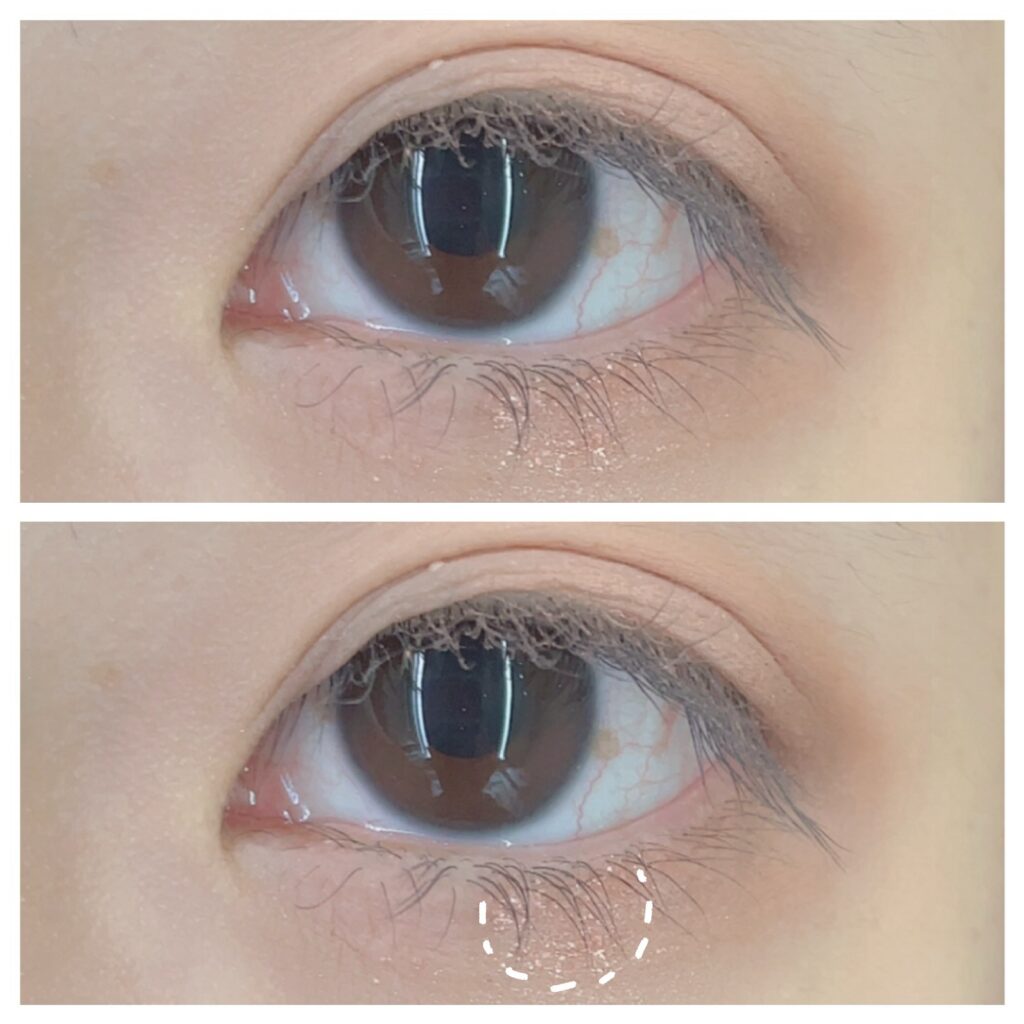 黒目下に④のラメをポイント置きする。面長解消メイク手順。