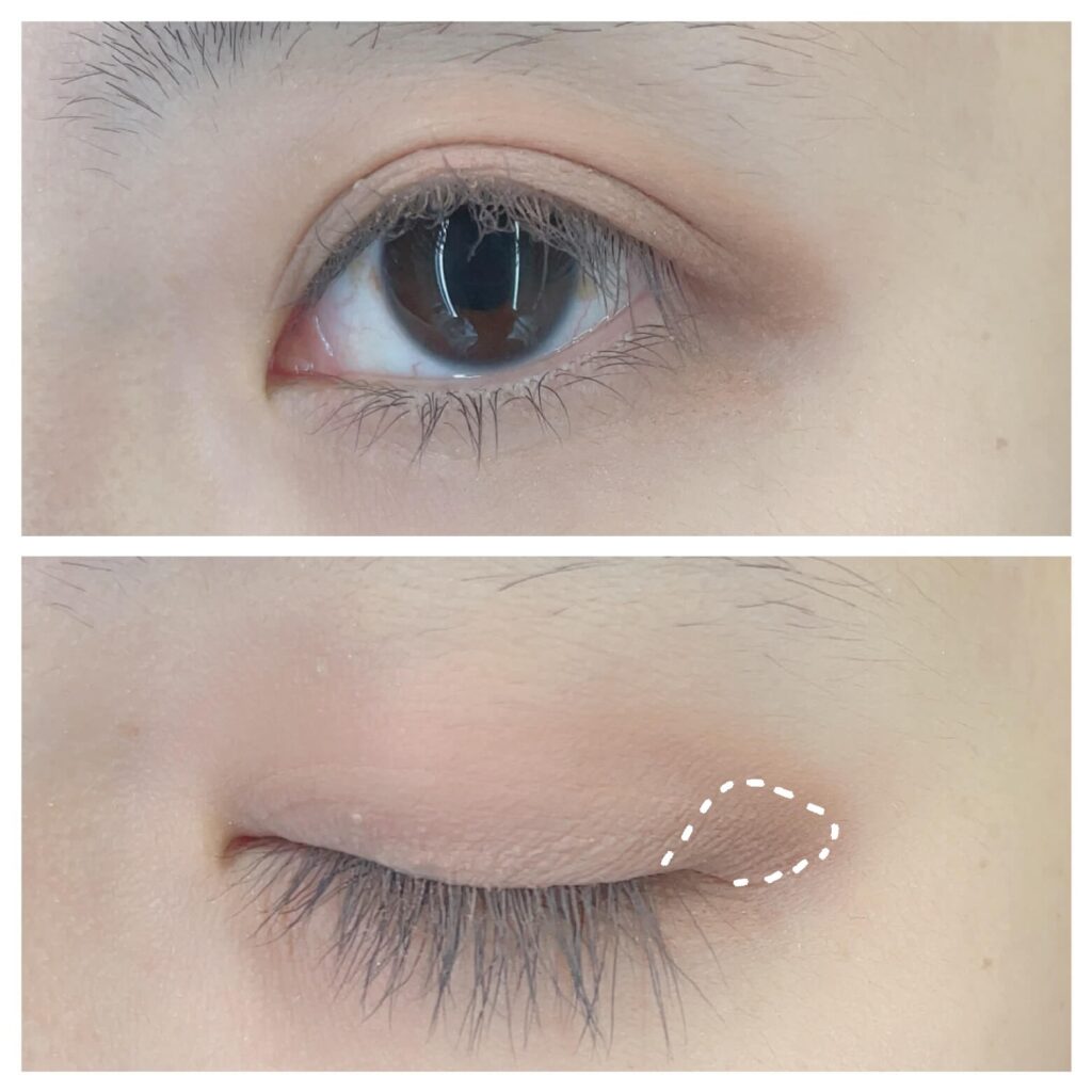 目尻キワに締め色⑥を入れた状態。面長解消メイク手順。