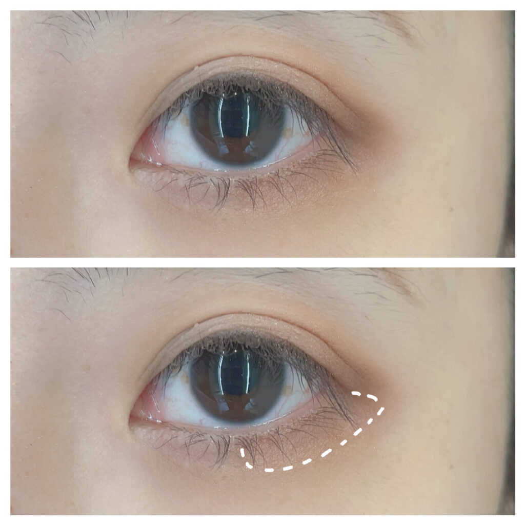 黒目下～外側に③に色を入れる。面長解消メイク手順。