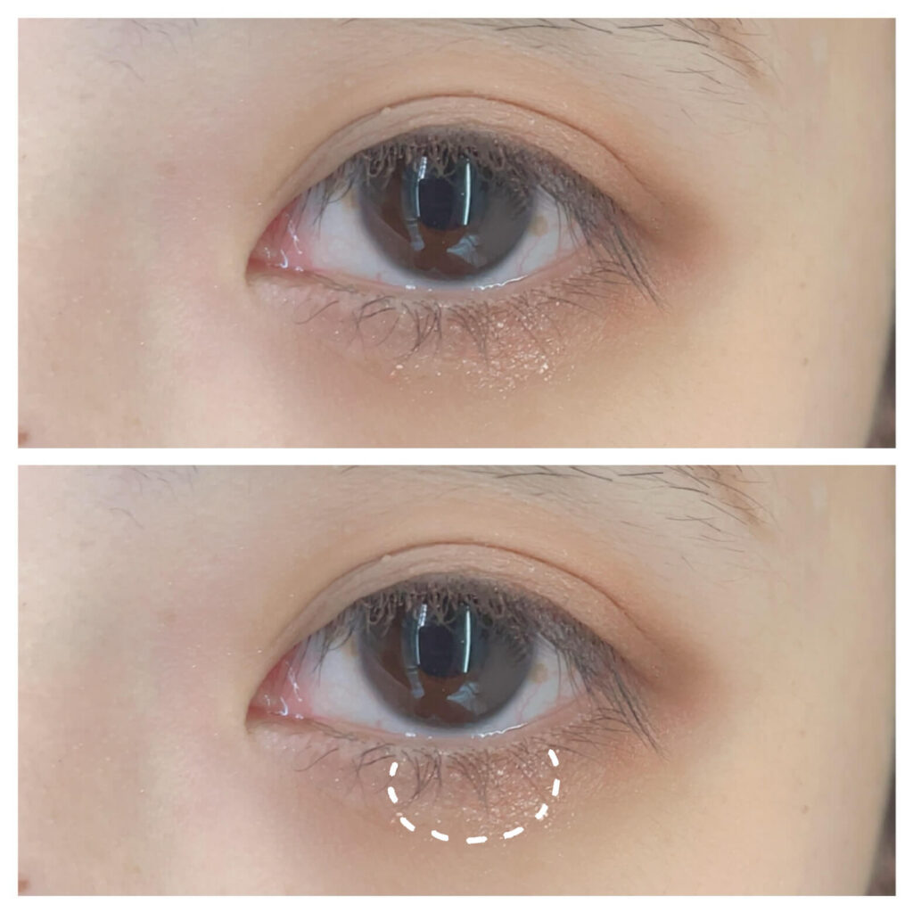 黒目下に④のラメをポイント置きする。面長解消メイク手順。