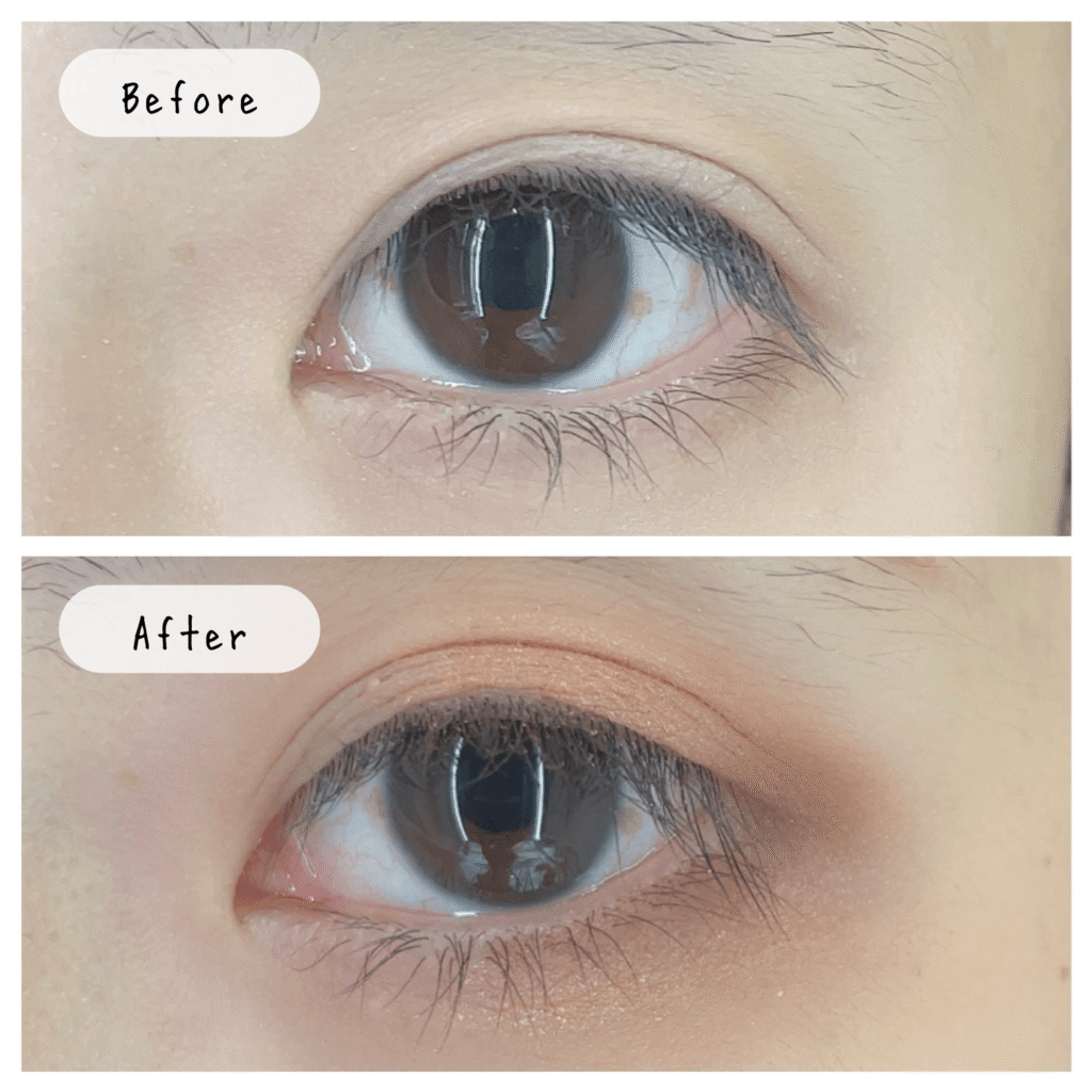 面長解消アイメイクのビフォーアフター比較。hemeコットンローズ使用。