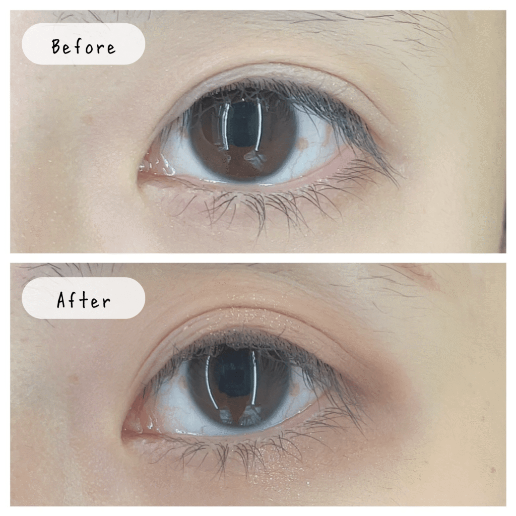 面長解消アイメイクのビフォーアフター比較。hemeコットンローズ使用。